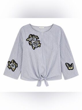 Crown & Ivy Blue White Striped Tie‎ Front Top Women’s M Floral 3/4 Sleeve